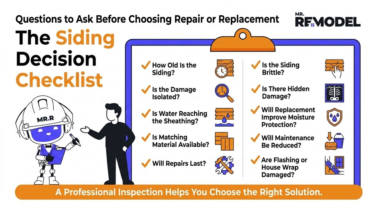 Contractor consultation checklist showing the most important questions homeowners should ask before deciding between siding repair and replacement.